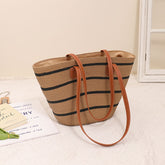 Sac à bandoulière en paille rayé grande capacité décontracté tout match bord de mer plage sac tissé en rotin